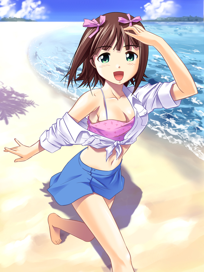 barefoot, beach, breasts, brown_hair, camisole, cleavage, front-tie_top, green_eyes