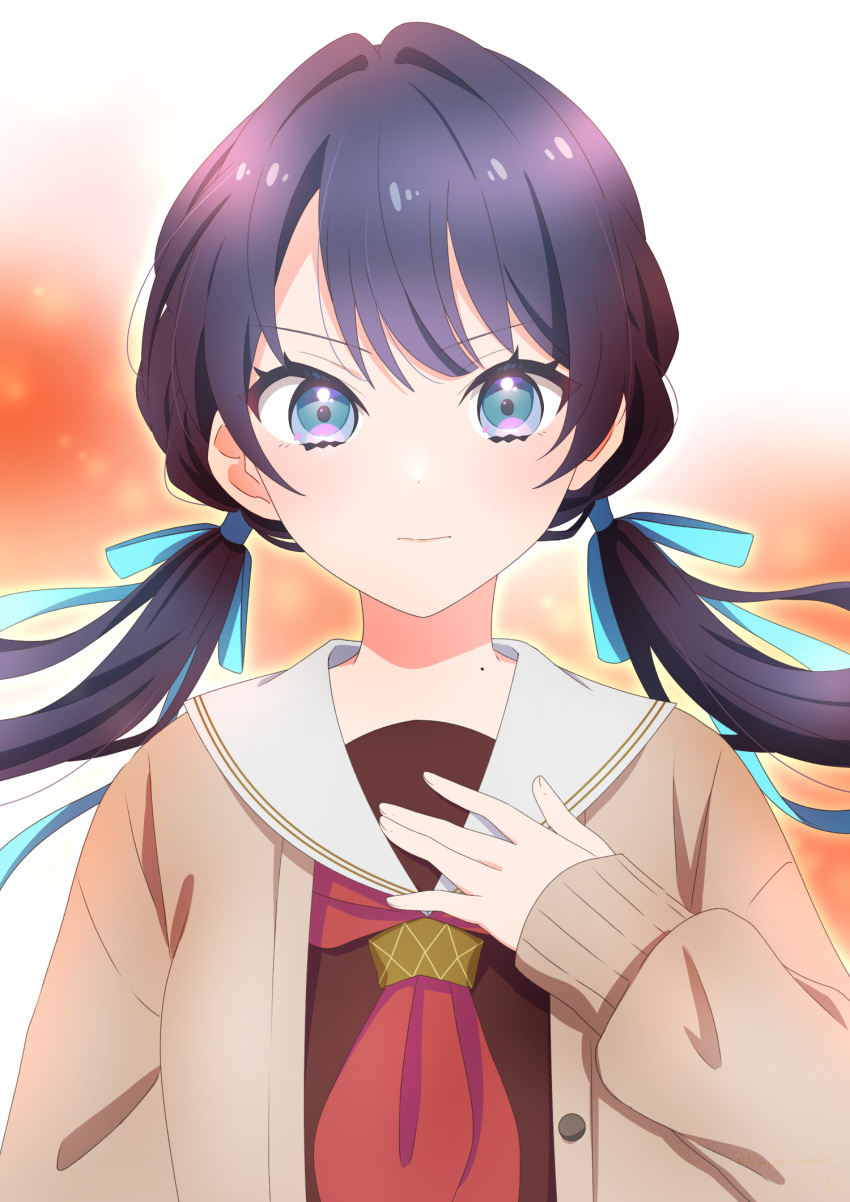 1girl, blue_eyes, blue_hair, blue_ribbon, brown_cardigan, brown_dress, cardigan, check_commentary, closed_mouth, commentary_request, dark_blue_hair, determined, dress, floating_hair, hair_ribbon, hand_on_own_chest, hasu_no_sora_school_uniform, highres, link!_like!_love_live!, long_hair, long_sleeves, looking_at_viewer, love_live!, low_twintails, mole, mole_on_neck, murano_sayaka, neckerchief, open_cardigan, open_clothes, orange_background, red_neckerchief, ribbon, ric._(marchen_mozuku), sailor_collar, school_uniform, solo, twintails, two-tone_background, v-shaped_eyebrows, virtual_youtuber, white_background, white_sailor_collar, winter_uniform