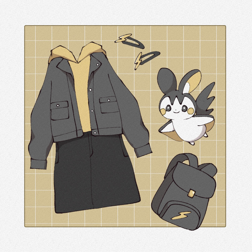 backpack, bag, black_bag, black_jacket, black_skirt, border, buttons, closed_mouth