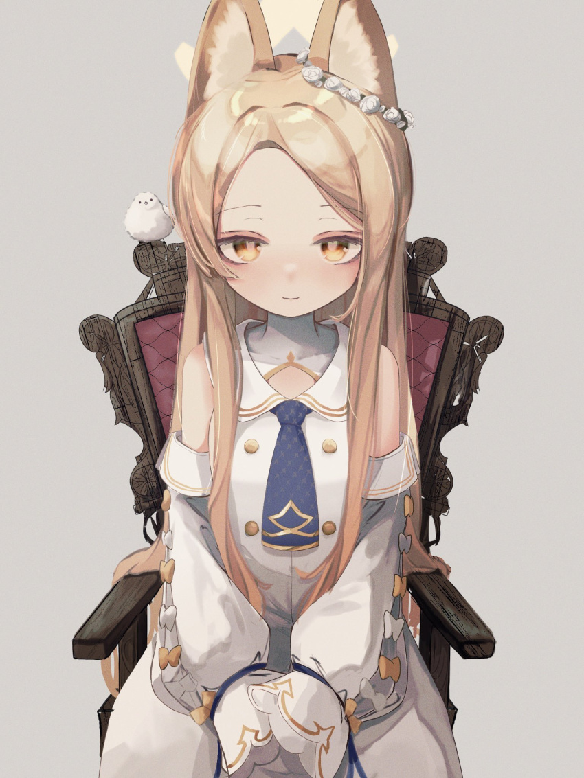1girl, animal_ears, bird, blonde_hair, blue_archive, blush, detached_sleeves, dress, fox_ears, halo, highres, imoni5594, light_smile, long_hair, looking_at_viewer, seia_(blue_archive), sidelocks, sitting, sleeves_past_fingers, sleeves_past_wrists, solo, very_long_hair, white_dress