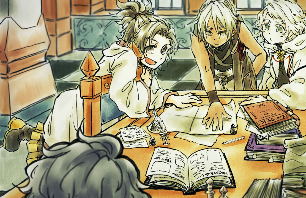 4boys, baldr_(kingdom_hearts), black_footwear, black_hair, black_robe, black_wristband, book, book_stack