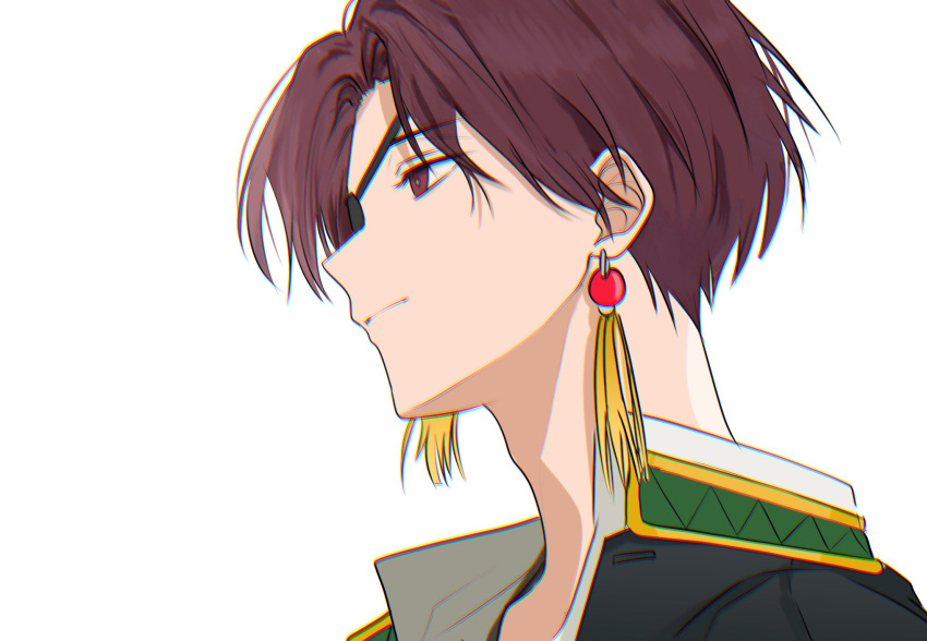 1boy, brown_eyes, brown_hair, collared_shirt, earrings, eyepatch, hayato_suou, highres, inari_gajigaji, jewelry, shirt, short_hair, solo, white_background, wind_breaker_(nii_satoru)