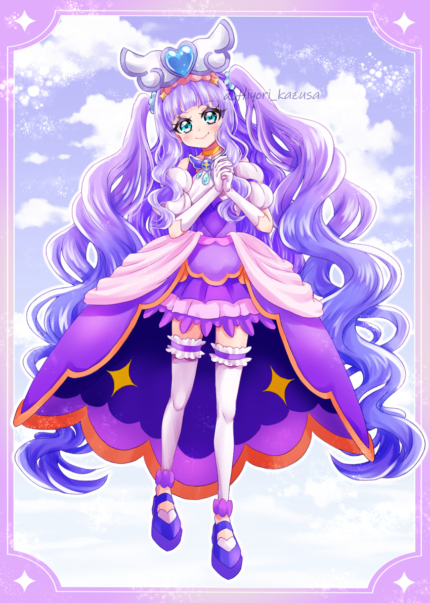 1girl, absurdres, aqua_eyes, brooch, closed_mouth, cure_majesty, detached_sleeves, dress