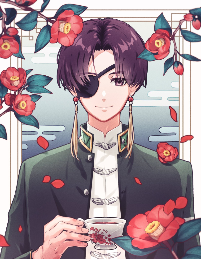 1boy, ab_susuby, branch, brown_hair, camellia, chinese_clothes, cup, earrings, egasumi, eyepatch, flower, hayato_suou, highres, holding, holding_cup, jacket, jewelry, leaf, popped_collar, red_flower, school_uniform, short_hair, smile, teacup, undershirt, upper_body, wind_breaker_(nii_satoru)