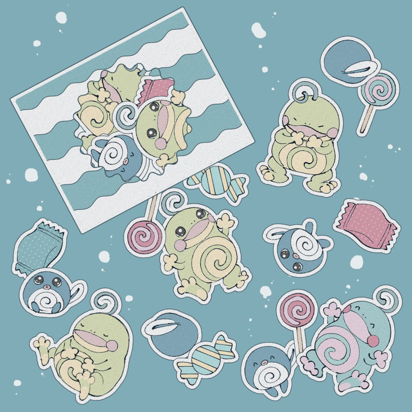 :d, ^_^, alternate_color, aqua_background, arms_up, candy, closed_eyes, facing_away, food, from_behind, highres, lollipop, looking_at_viewer, no_humans, open_mouth, outline, pokemon, pokemon_(creature), politoed, poliwag, polka_dot, shiny_pokemon, simple_background, smile, sumi_fms, swirl_lollipop, u_u, white_outline