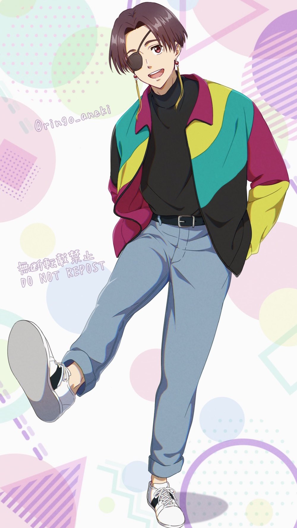 1boy, alternate_costume, belt, blue_pants, brown_eyes, brown_hair, earrings, eyepatch