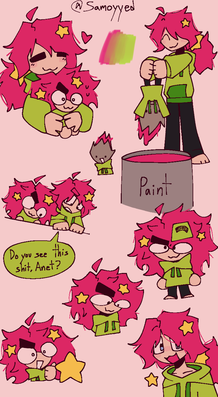 adorable, anet_(unknownspy), dialogue_box, doodles, fluffy_hair, green_hoodie, hair_decorations, messy_hair