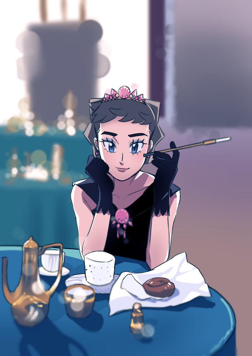 1girl, absurdres, audrey_hepburn, black_gloves, blue_eyes, breakfast_at_tiffany's, brown_hair, cigarette_holder