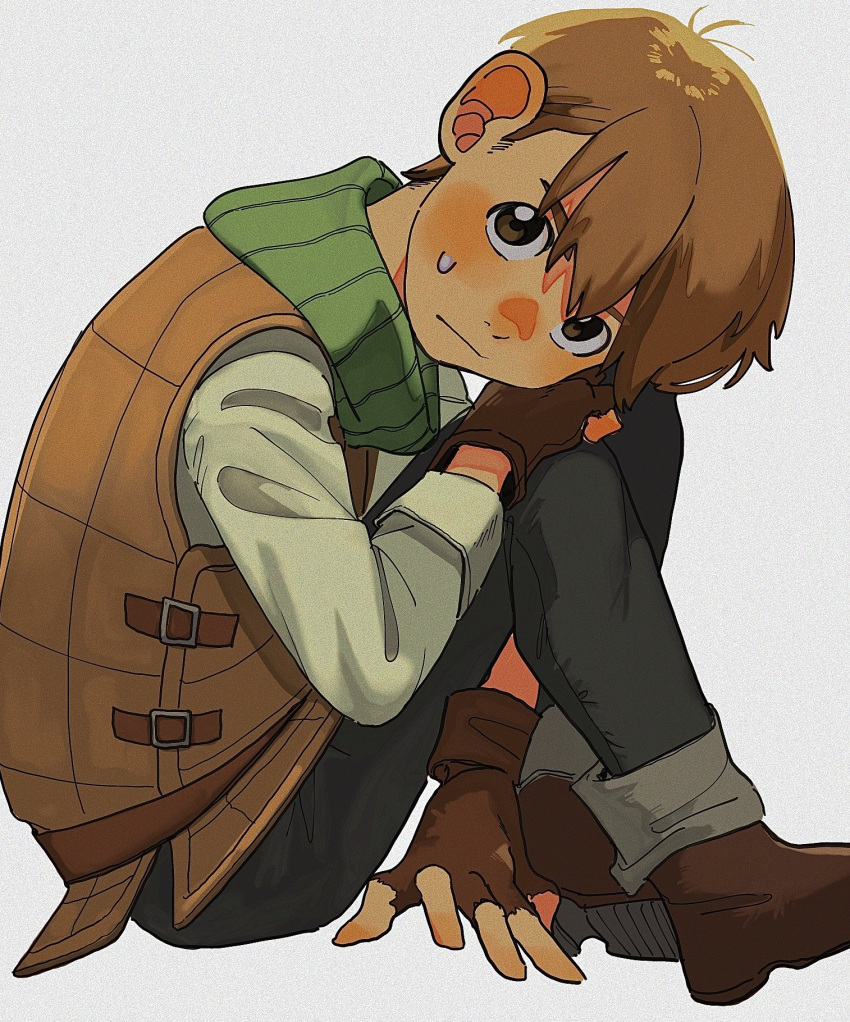 1boy, armor, blush, boots, brown_eyes, brown_footwear, brown_gloves, brown_hair, chilchuck_tims, closed_mouth, dungeon_meshi, fingerless_gloves, gloves, grey_background, hair_between_eyes, halfling, highres, inu_suki, leather_armor, long_sleeves, looking_at_viewer, male_focus, pants, shirt, shoes, simple_background, sitting, solo, sweat