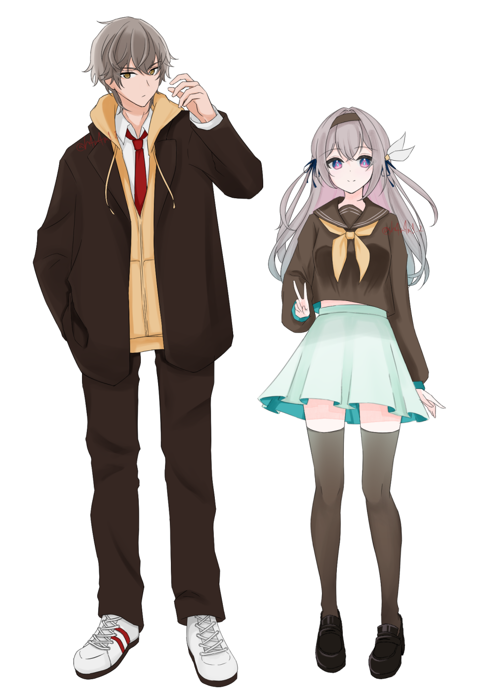 1boy, 1girl, aqua_skirt, arm_up, black_footwear, black_hairband, black_jacket, black_pants