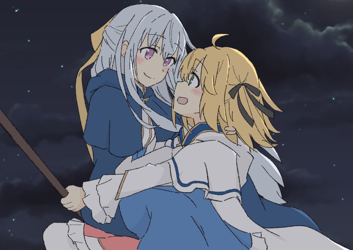 2girls, ahoge, anisphia_wynn_palettia, blonde_hair, blue_cloak, blush, broom, broom_riding
