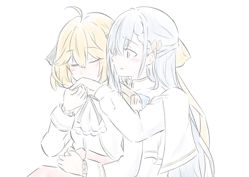2girls, ahoge, anisphia_wynn_palettia, black_ribbon, blonde_hair, blush, capelet, closed_eyes, closed_mouth, commentary_request, euphyllia_magenta, grey_hair, hair_ribbon, holding_hands, jacket, kiss, kissing_hand, long_hair, long_sleeves, medium_hair, multiple_girls, neck_ribbon, nick150iso, pink_eyes, pink_skirt, ribbon, simple_background, skirt, smile, tensei_oujo_to_tensai_reijou_no_mahou_kakumei, white_background, white_capelet, white_jacket, yellow_ribbon, yuri
