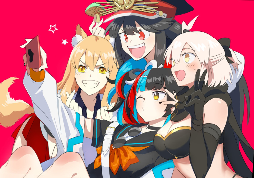4girls, ahoge, animal_ears, bikini, black_bikini, black_bow, black_hair, black_nails