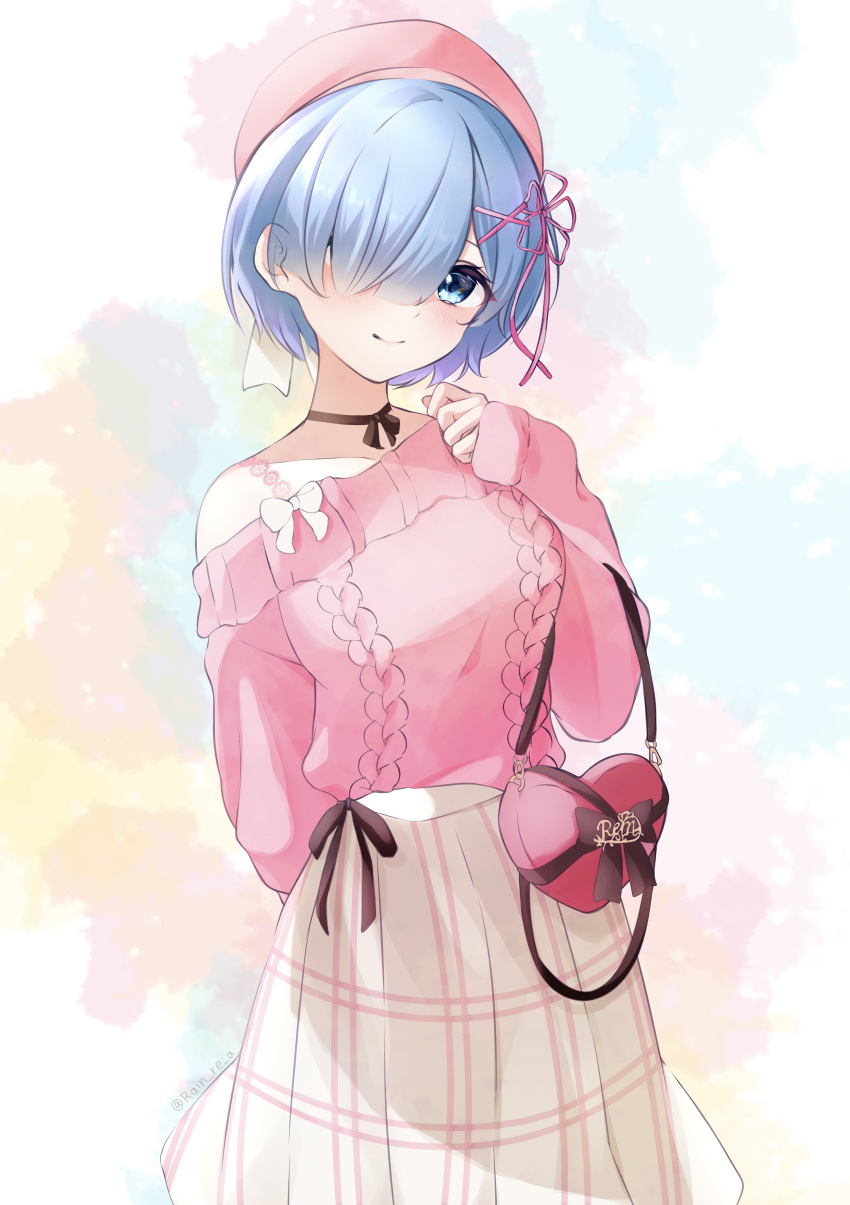 1girl, absurdres, alternate_costume, arm_behind_back, bag, black_ribbon, blue_eyes, blue_hair