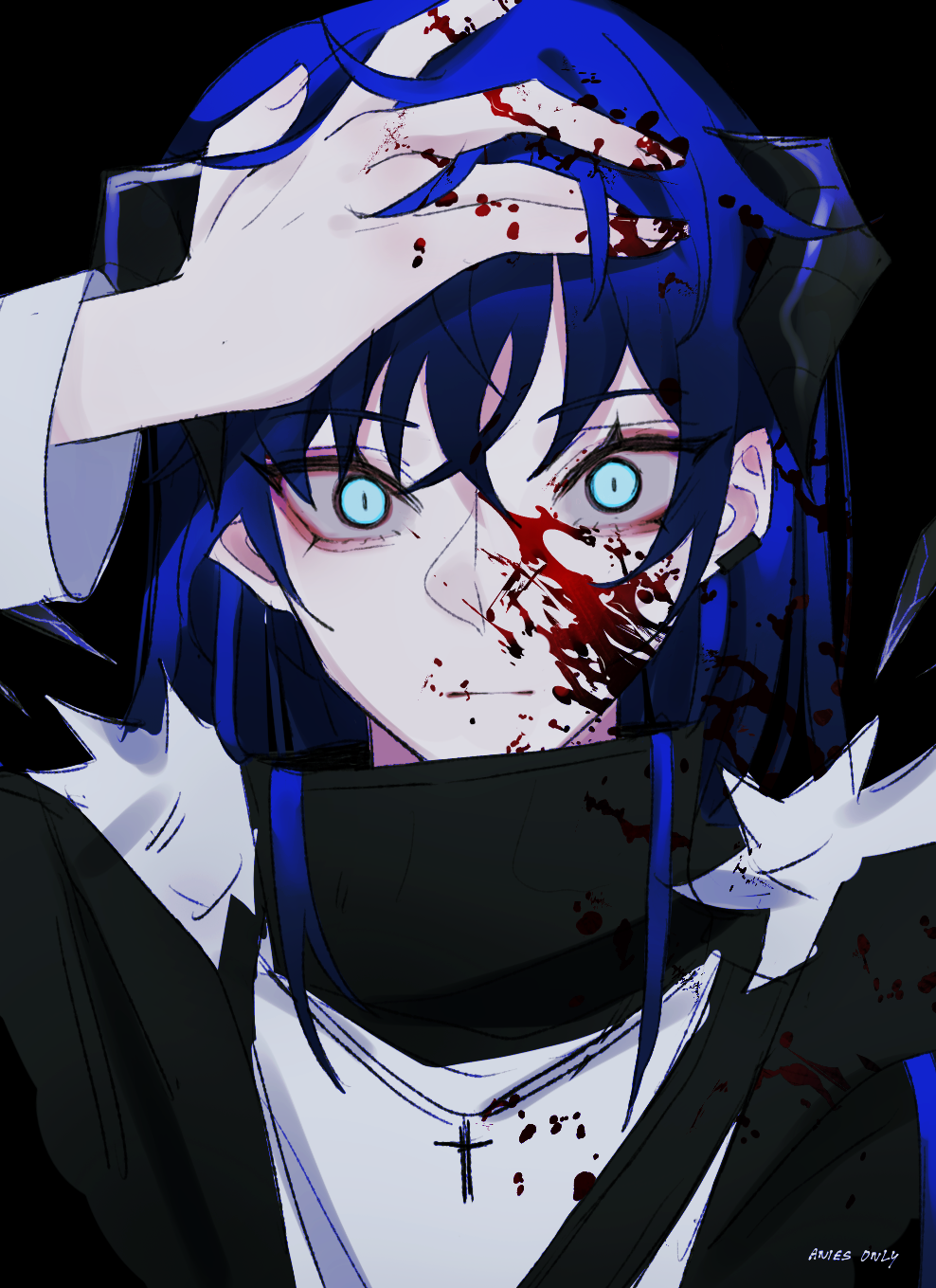 1girl, anies_kouhai, arknights, black_background, black_coat, blood, blood_on_face, blue_eyes