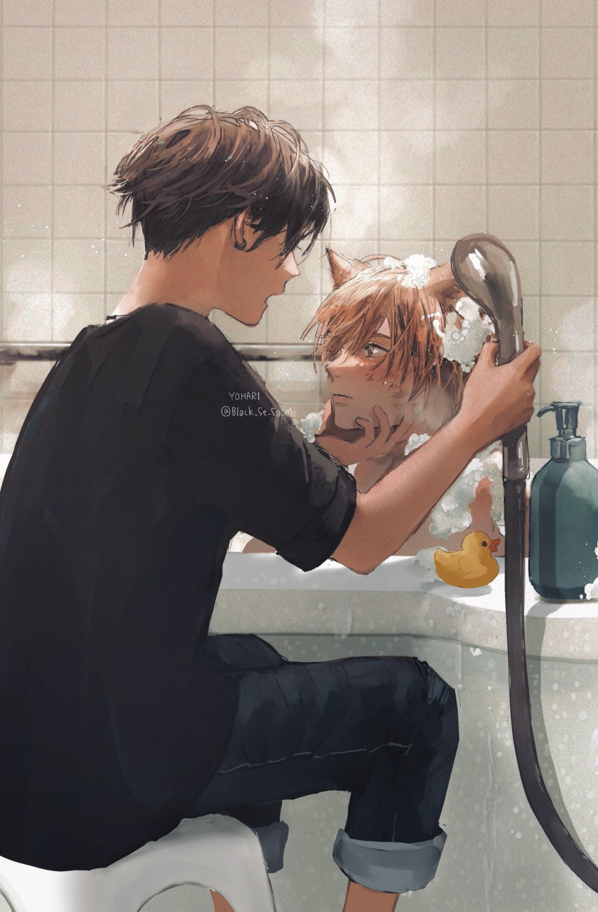 2boys, animal_ears, bathtub, black_se_sa_mi, black_shirt, cat_boy, cat_ears, closed_mouth