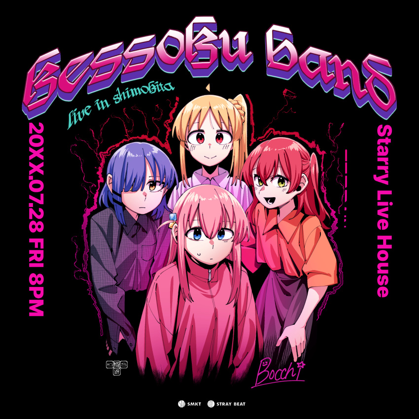 4girls, absurdres, behind_another, black_background, black_midi, black_skirt, blonde_hair, blue_eyes, blue_hair, blush, bocchi_the_rock!, closed_mouth, collared_shirt, commentary, cropped_legs, cropped_torso, cube_hair_ornament, english_commentary, english_text, expressionless, gotoh_hitori, green_eyes, group_name, hair_bobbles, hair_ornament, hair_over_one_eye, highres, ijichi_nijika, jacket, kita_ikuyo, leaning_forward, long_hair, long_skirt, long_sleeves, looking_at_viewer, medium_hair, mole, mole_under_eye, multiple_girls, neonfloyd, one_eye_covered, one_side_up, open_mouth, parody, patterned_clothing, pink_hair, pink_jacket, poster_(medium), poster_redraw, red_eyes, redhead, shirt, shirt_tucked_in, short_sleeves, side_ponytail, sidelocks, signature, simple_background, skirt, small_sweatdrop, smile, timestamp, track_jacket, white_shirt, yamada_ryo, yellow_eyes