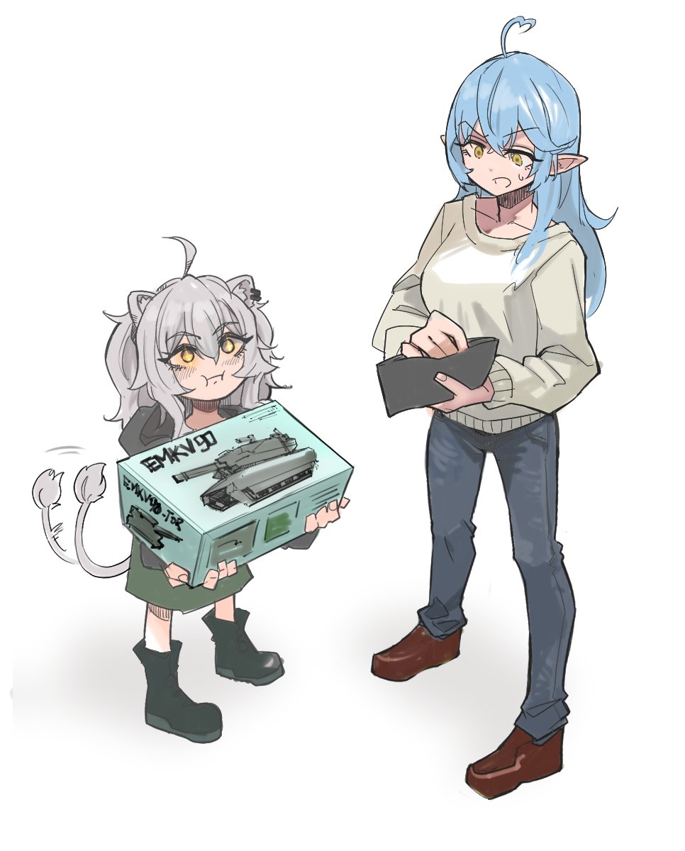 +_+, 2girls, ahoge, animal_ears, battlefield_2042, blue_hair, boots, box, brown_footwear, denim, full_body, grey_sweater, highres, hololive, jeans, lion_ears, lion_girl, lion_tail, looking_at_another, mato_(target5260), medium_hair, model_kit, multiple_girls, pants, pointy_ears, shishiro_botan, simple_background, sweater, tail, virtual_youtuber, wallet, white_background, yukihana_lamy