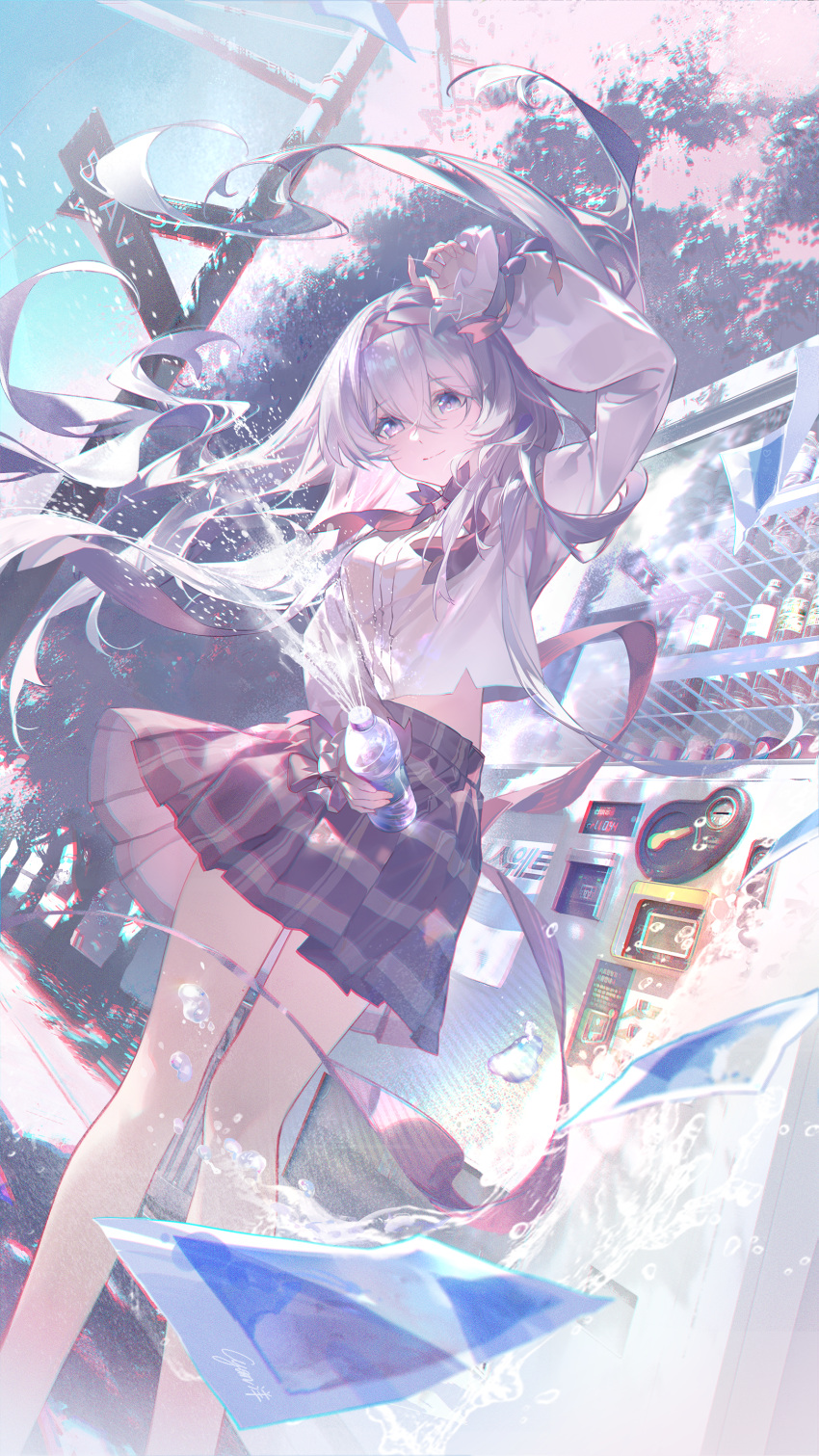 1girl, absurdres, air_bubble, alternate_costume, black_hairband, black_skirt, bottle, bubble