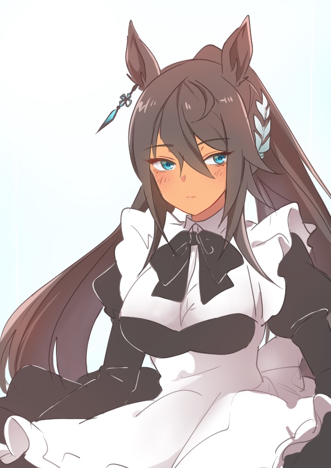 1girl, animal_ears, apron, black_dress, black_hair, blue_eyes, blush, bow, breasts, brown_hair, closed_mouth, dark-skinned_female, dark_skin, den_den_tumuri, dress, earrings, hair_between_eyes, hair_ornament, horse_ears, horse_girl, jewelry, large_breasts, long_hair, long_sleeves, looking_at_viewer, maid, maid_apron, ponytail, puffy_sleeves, ribbon, simple_background, single_earring, solo, symboli_kris_s_(umamusume), umamusume, upper_body, very_long_hair, white_apron, white_background