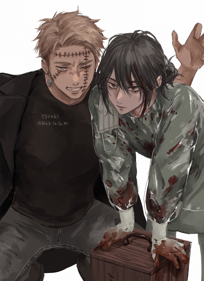 2boys, absurdres, black_coat, black_eyes, black_hair, black_se_sa_mi, black_shirt, blonde_hair