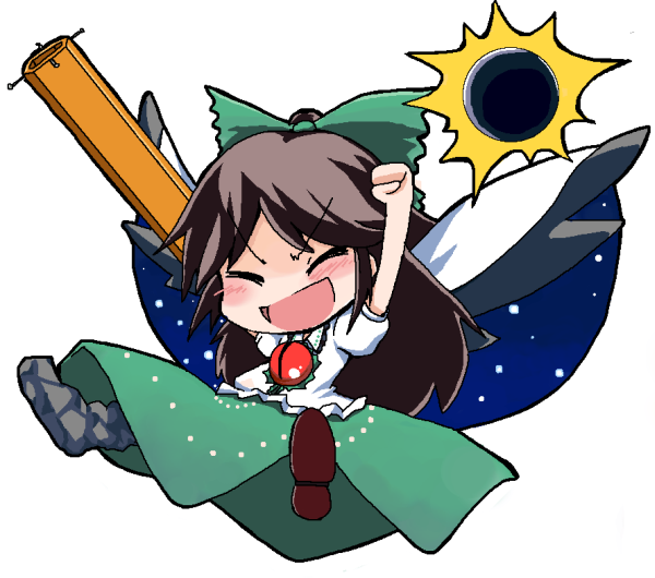 arm_cannon, asymmetrical_clothes, black_sun, bow, brown_hair, cape, chibi, closed_eyes
