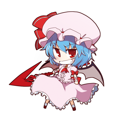 blue_hair, chibi, dress, grin, hat, kari_(karinimooreha), lowres, red_eyes