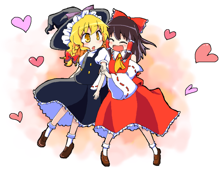 ascot, blonde_hair, blush, bow, braid, brown_hair, closed_eyes, detached_sleeves