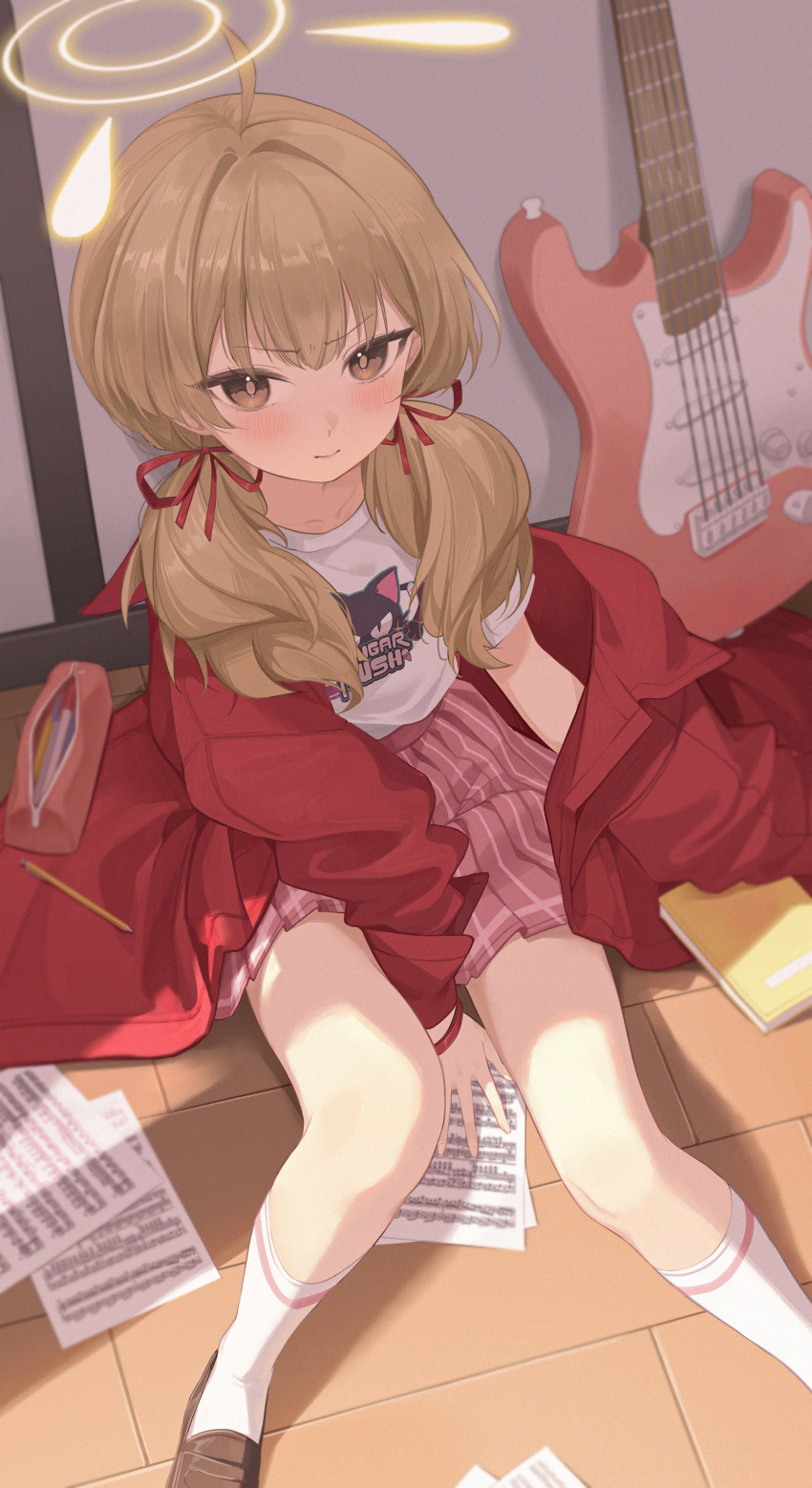 1girl, absurdres, bass_guitar, blue_archive, bracelet, brown_eyes, brown_footwear, commentary_request