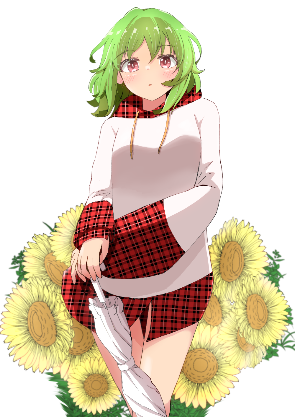 1girl, alternate_costume, blush, closed_umbrella, commentary_request, drawstring, flower, green_hair