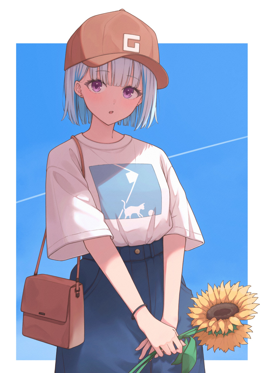 1girl, absurdres, bag, baseball_cap, blue_hair, blue_pants, border, colored_inner_hair