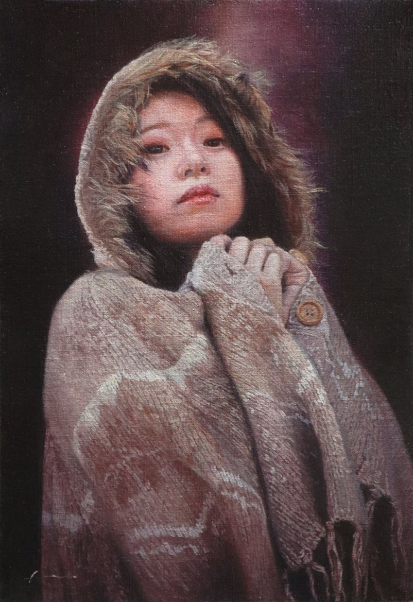 1girl, absurdres, asian, black_background, blanket, buttons, fur_trim, highres, hood, looking_at_viewer, naohiro_ito, oil_painting_(medium), original, painting_(medium), realistic, solo, traditional_media
