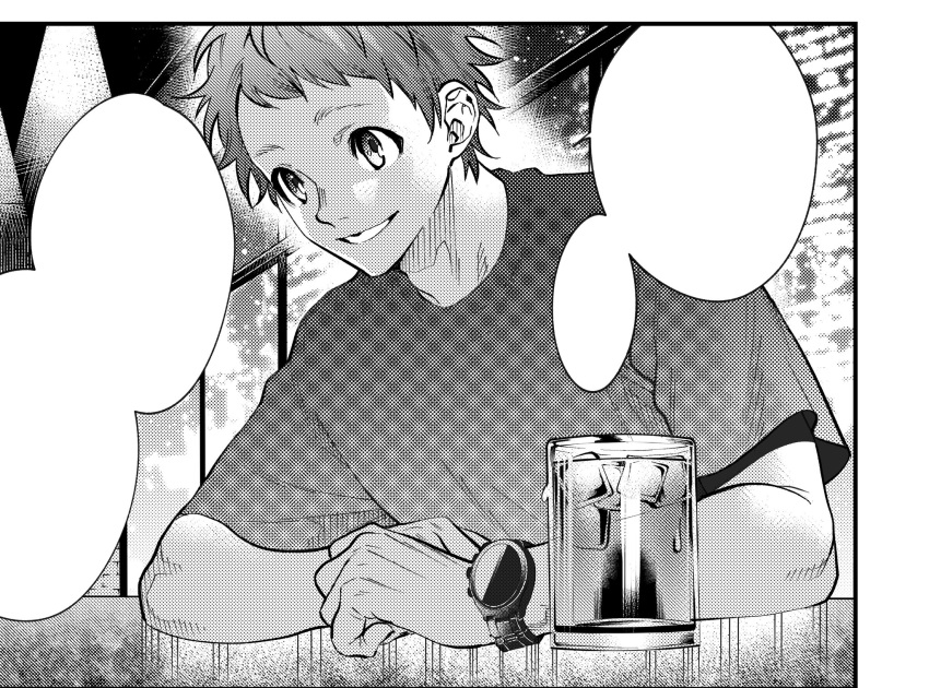 1boy, bad_id, bad_twitter_id, cup, greyscale, highres, ice, ice_cube