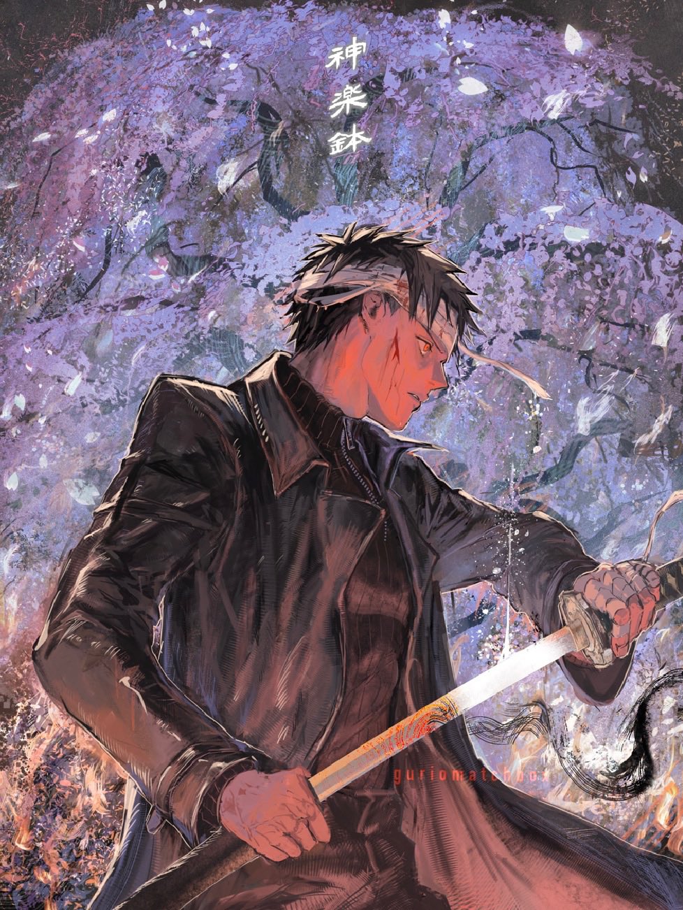 1boy, bandaged_hand, bandaged_head, bandages, black_coat, black_hair, black_pants, black_sweater