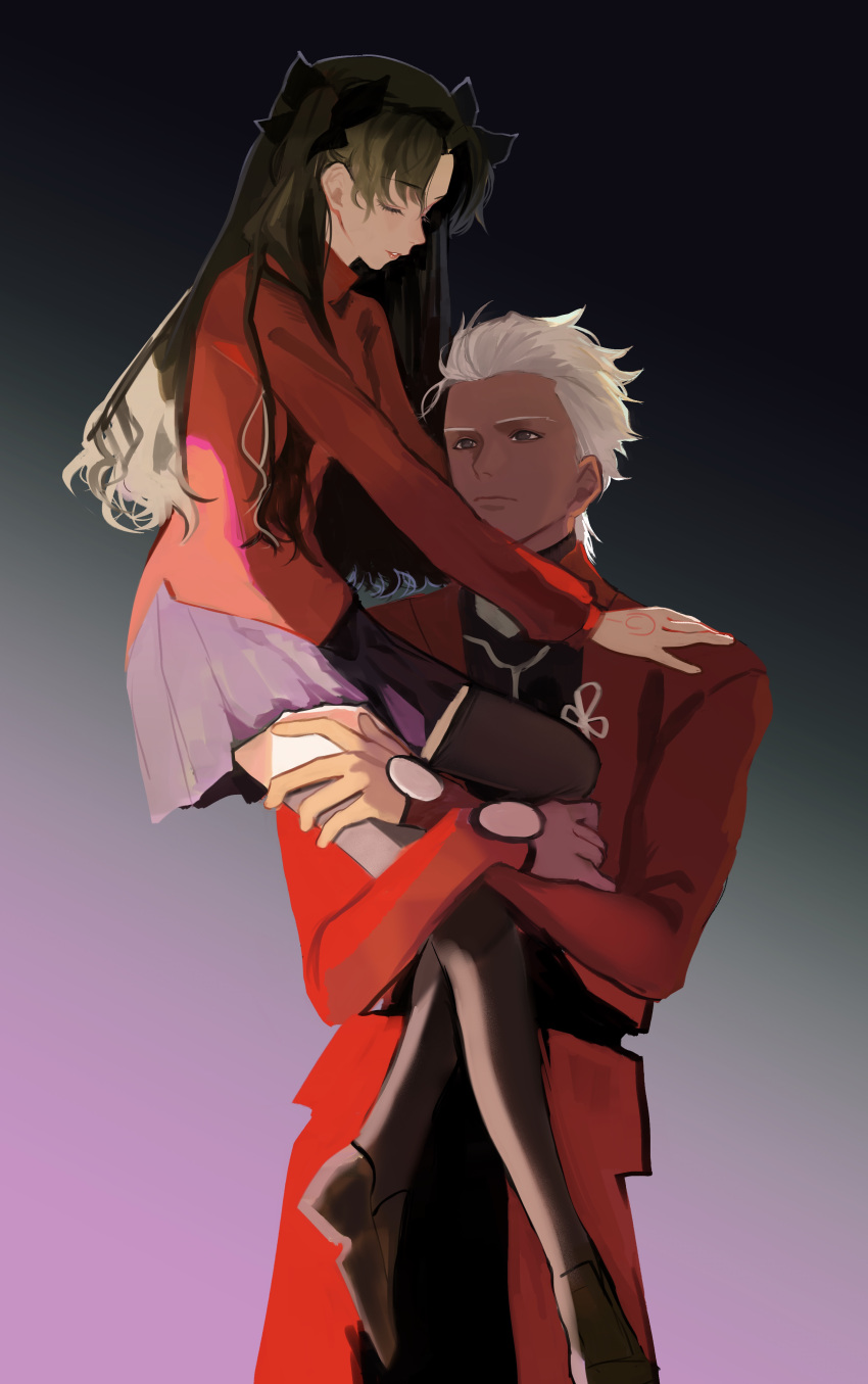 1boy, 1girl, absurdres, archer_(fate), black_hair, black_thighhighs, brown_hair, carrying, carrying_person, dark-skinned_male, dark_skin, fate/stay_night, fate_(series), hair_ribbon, highres, holding, kotomine_(a1569), long_hair, long_sleeves, ribbon, skirt, thigh-highs, tohsaka_rin, twintails, two_side_up, white_hair, zettai_ryouiki