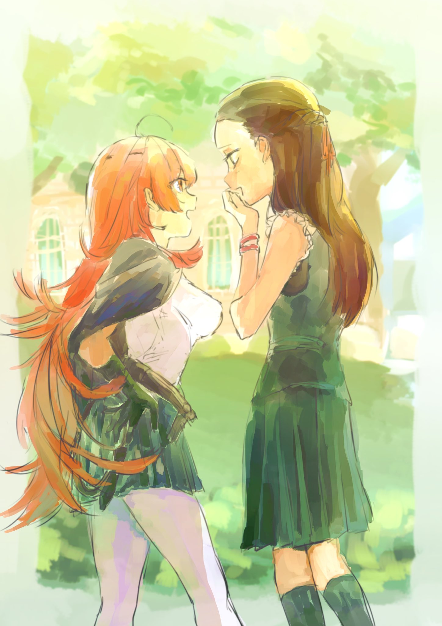 2girls, ahoge, asami_makiko_(heaven_burns_red), bangs_pinned_back, belt, brown_hair, ebi_kin999, heaven_burns_red, highres, long_hair, multiple_girls, ooshima_niina, outdoors, pantyhose, redhead, shirt, skirt, sleeveless, talking, unfinished, white_pantyhose, white_shirt, yuri