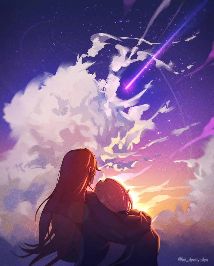 2girls, absurdres, black_jacket, clouds, cloudy_sky, dyadyadya, eden_(honkai_impact), elysia_(honkai_impact)