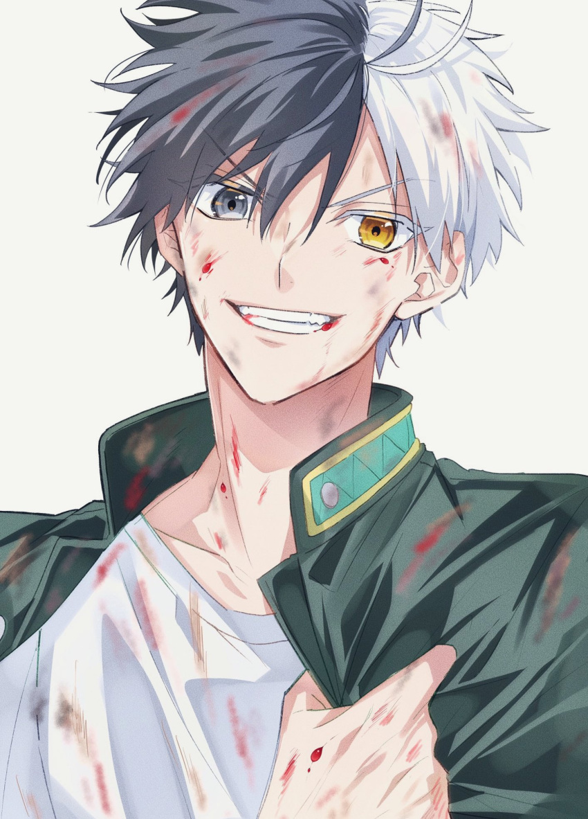 black_hair, blood, grin, heterochromia, highres, jacket, looking_at_viewer, multicolored_hair