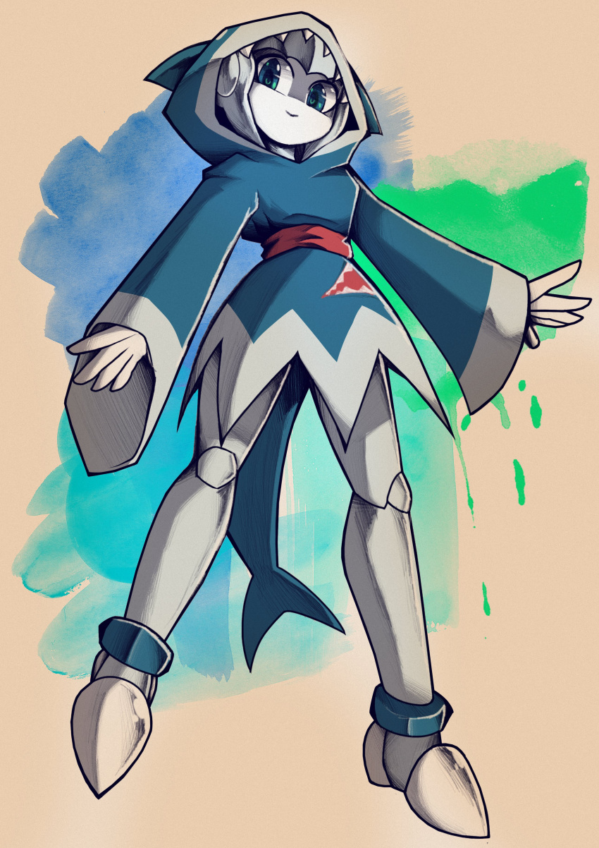 1girl, absurdres, animal_hood, blue_dress, colored_skin, commentary, dress, fake_shark_fin