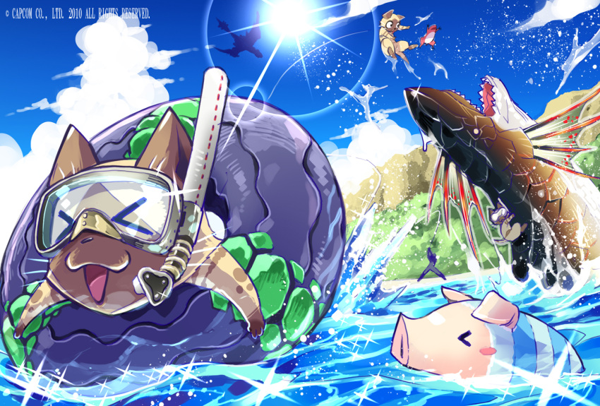 felyne, fishing, monster_hunter, pig, plesioth, poogie, rathalos, ryuuta_(ipse)