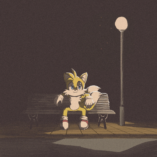 1boy, animated, animated_gif, arm_rest, bench, bench_tails_(meme), blue_eyes, commentary, film_grain, furry, furry_male, gloves, lamppost, looping_animation, male_focus, meme, multiple_tails, night, sitting, smile, solo, sonic_(series), souldroids, tail, tails_(sonic), white_gloves