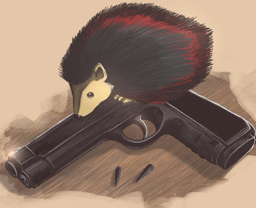 absurdres, animal, animalization, bullet, commentary, english_commentary, gun, handgun, hedgehog, highres, m1911, no_humans, shadow_the_hedgehog, sonic_(series), souldroids, weapon