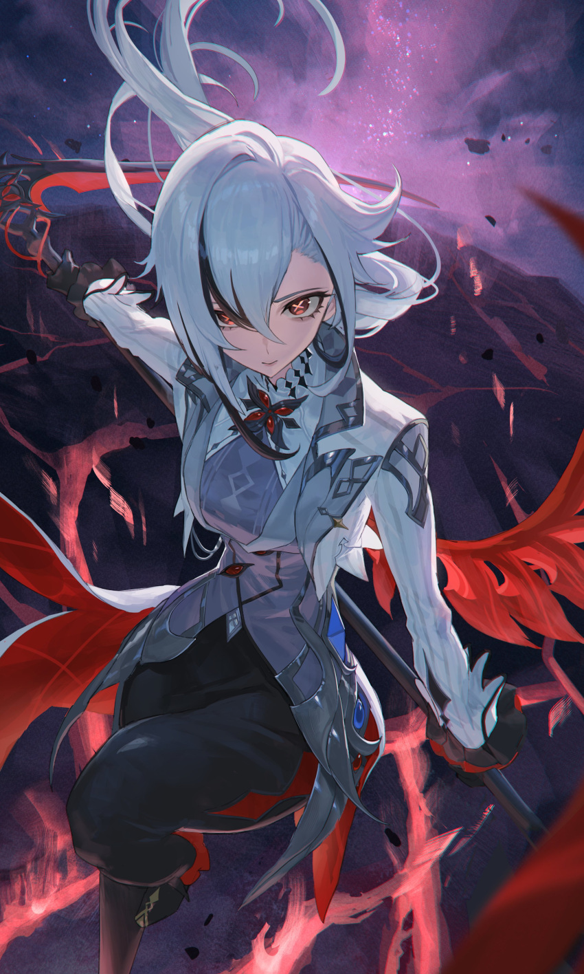1girl, absurdres, arlecchino_(genshin_impact), black_gloves, black_pants, bright_pupils, coat, coattails