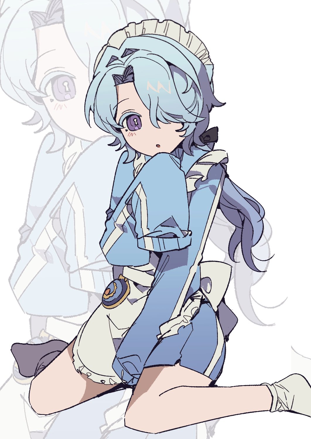 :o, apron, between_legs, black_bow, blue_hair, blue_shorts, blue_sweater, bow, colored_eyelashes, gemamamaa, hair_bow, hand_between_legs, hand_on_own_chin, highres, honkai:_star_rail, honkai_(series), kneeling, light_blue_hair, long_sleeves, maid_apron, maid_headdress, misha_(honkai:_star_rail), mole, mole_under_eye, open_mouth, oversized_clothes, ponytail, shorts, sleeves_past_fingers, sleeves_past_wrists, socks, sweater, violet_eyes, white_apron, white_background, white_socks