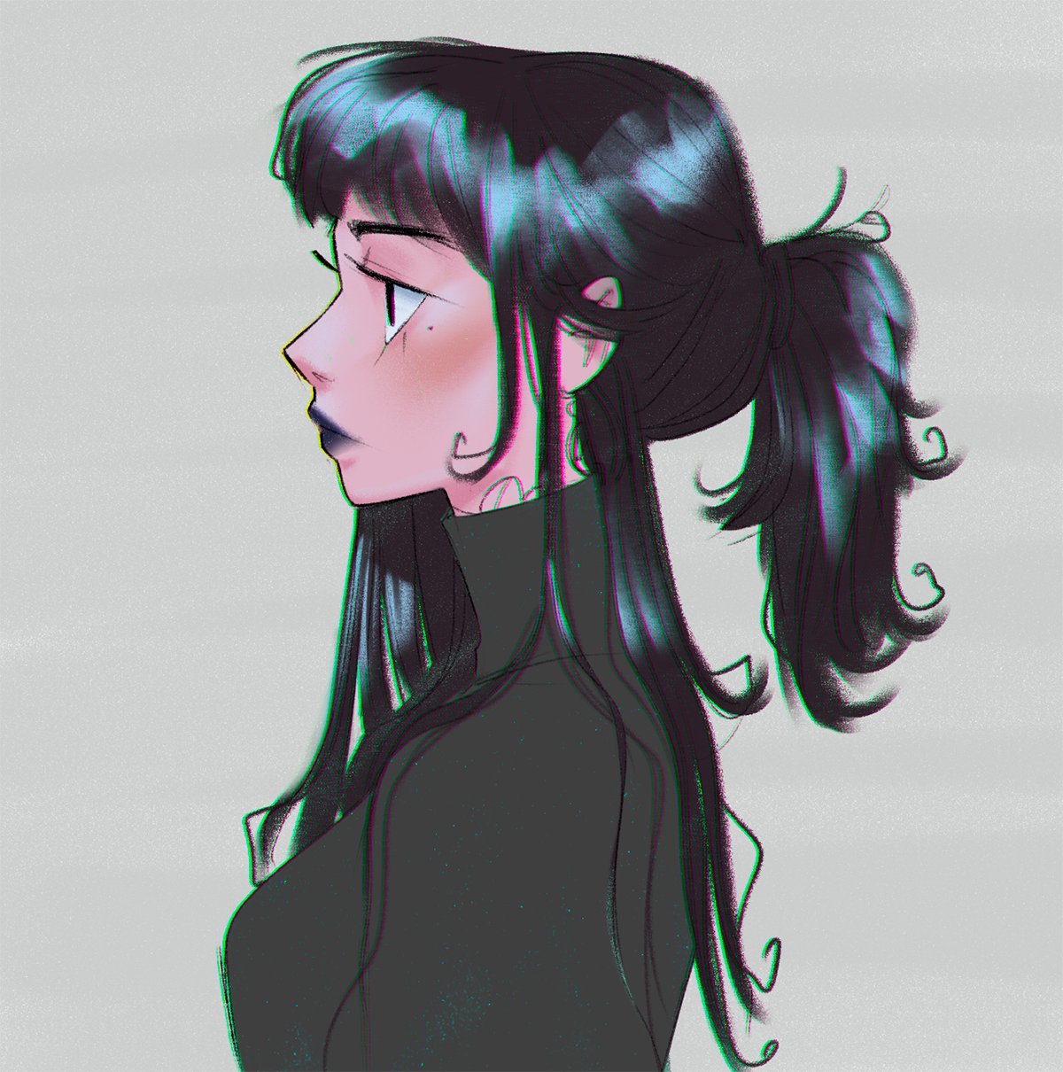1girl, black_eyes, black_hair, black_lips, black_sweater, from_side, grey_background, highres, isabel_(chabeescalante), lipstick, long_hair, looking_to_the_side, makeup, original, profile, side_ponytail, simple_background, solo, sweater, turtleneck, turtleneck_sweater, upper_body