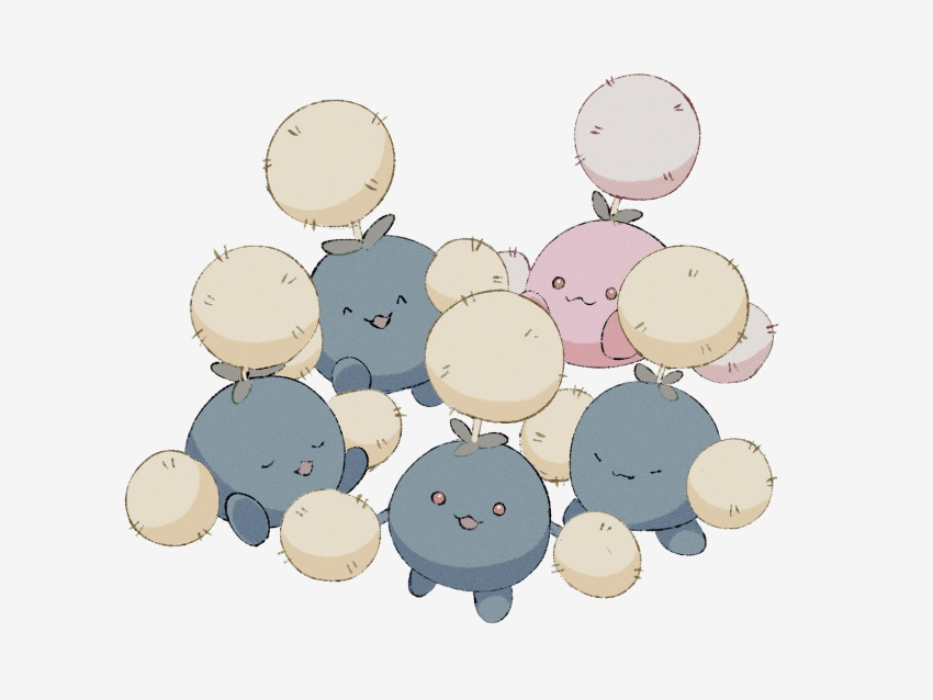 :3, :d, ^_^, alternate_color, bright_pupils, closed_eyes, closed_mouth, commentary_request, happy, highres, jumpluff, looking_at_viewer, no_humans, open_mouth, pokemon, pokemon_(creature), red_eyes, shiny_and_normal, shiny_pokemon, simple_background, smile, sumi_fms, u_u, white_background, white_pupils