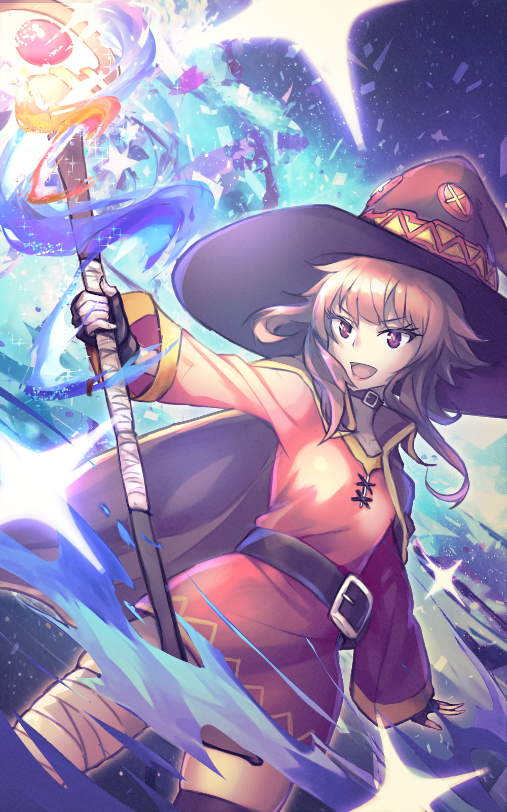 1girl, bandaged_leg, bandages, belt, belt_collar, black_cape, black_gloves, black_thighhighs