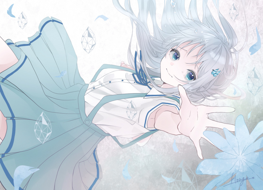 1girl, aqua_skirt, artist_name, blue_eyes, blue_flower, blue_hair, blue_ribbon, blue_theme, closed_mouth, collared_shirt, commentary_request, crying, crying_with_eyes_open, dot_nose, dress_shirt, falling, floating_hair, flower, grey_hair, hair_ornament, hairpin, highres, houga_1710_sps, kakurenbocchi, legs_up, light_blue_hair, long_hair, looking_at_viewer, neck_ribbon, outstretched_arms, pleated_skirt, reaching, reaching_towards_viewer, ribbon, sad, shirt, short_sleeves, signature, skirt, suspender_skirt, suspenders, tears, tuyu_(band), water_drop_hair_ornament, white_background, white_shirt