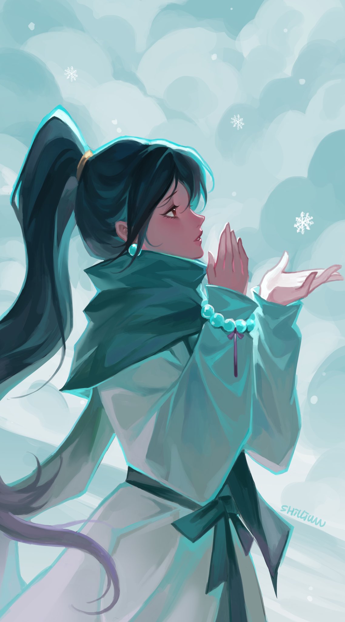1girl, black_bow, black_hair, bow, brown_eyes, clouds, earrings, green_scarf, highres, jacket, jewelry, long_hair, looking_up, open_hand, parted_lips, sage_(valorant), scarf, snowing, solo, valorant, very_long_hair, wan_wan, white_jacket