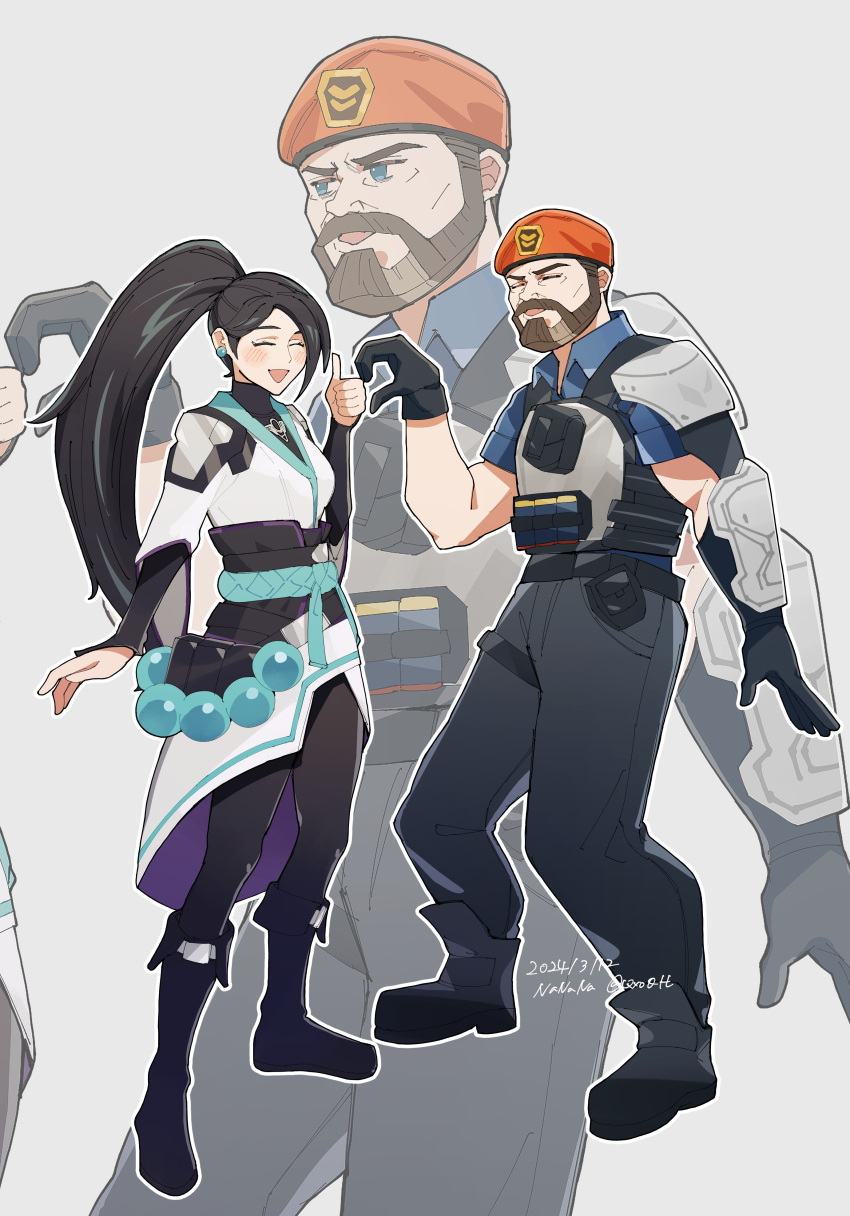 1boy, 1girl, ^_^, absurdres, animification, artist_name, beret, black_footwear